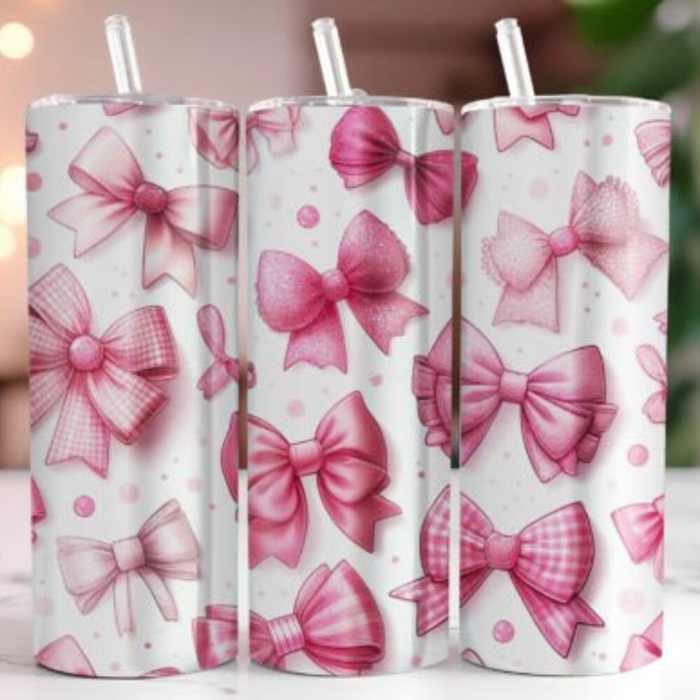 Pink & white Valentine's Day bow 20 oz skinny tumbler